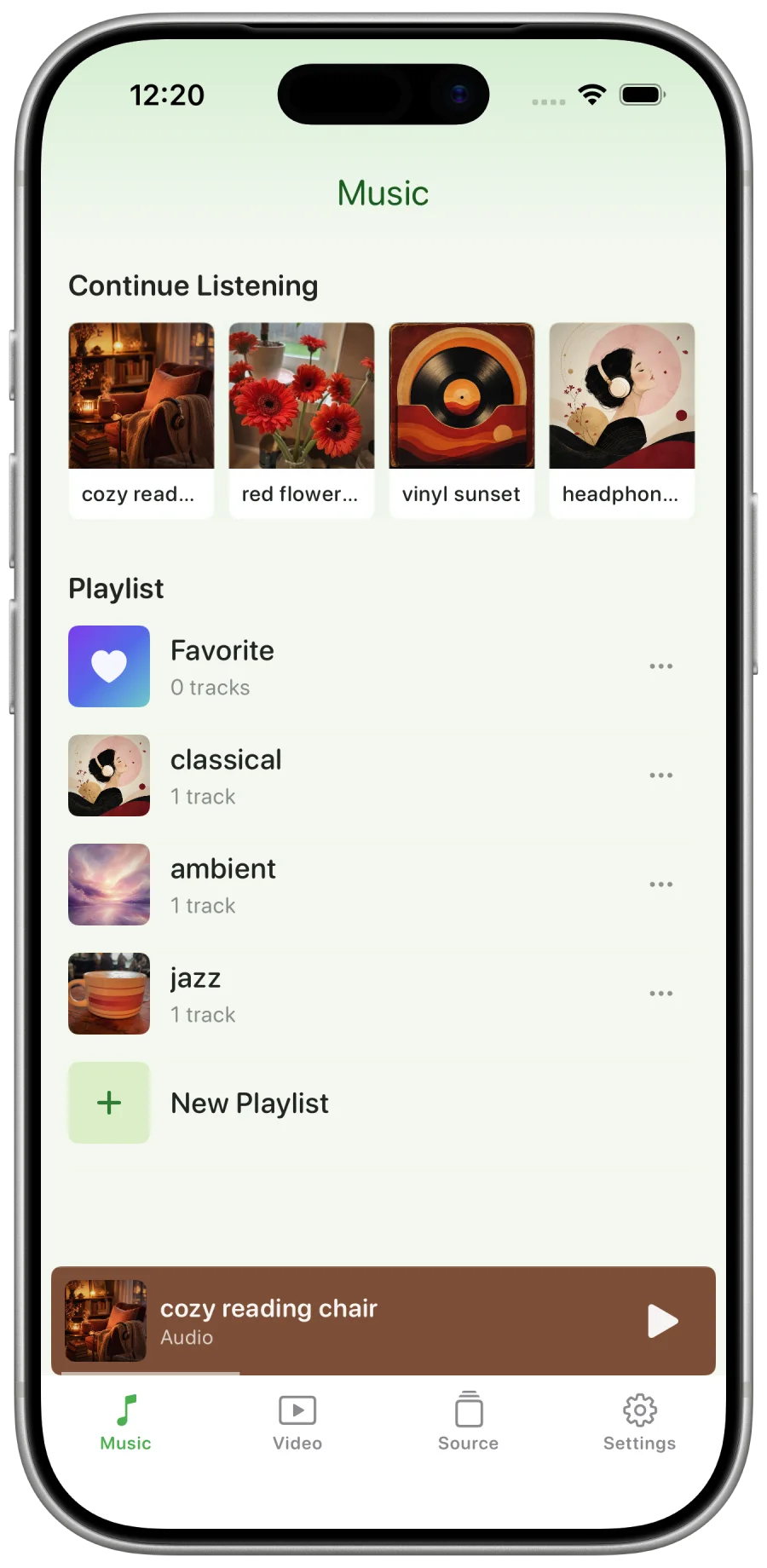 Leaf Player Music screen on an iPhone, with continue listening, playlists, and a mini player
