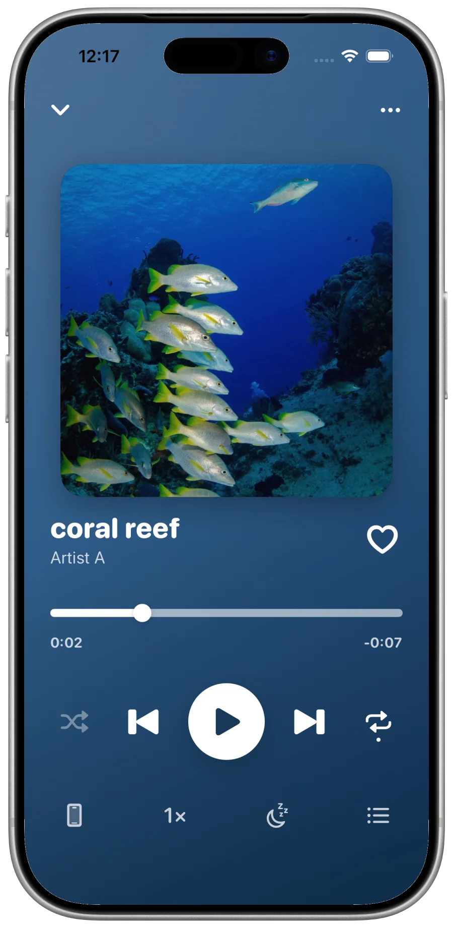 Leaf Player Now Playing screen on iPhone with artwork, timeline, playback controls, speed, sleep timer, and queue