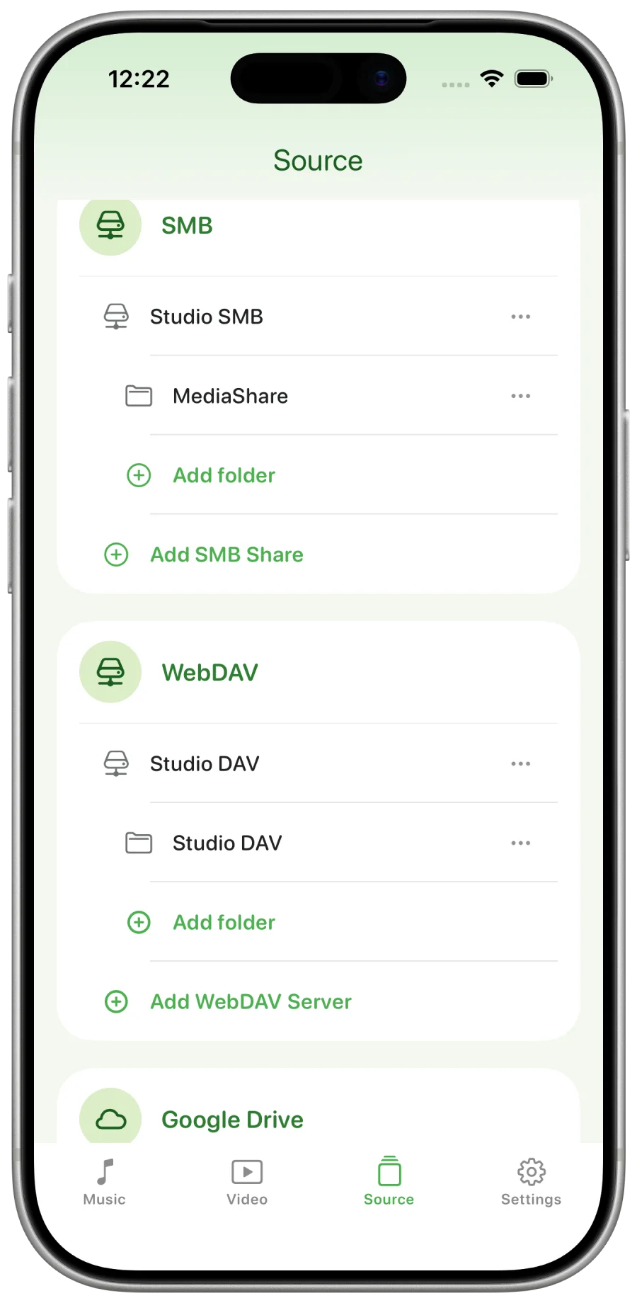 Leaf Player Sources screen on iPhone showing configured SMB, WebDAV, and Google Drive sources